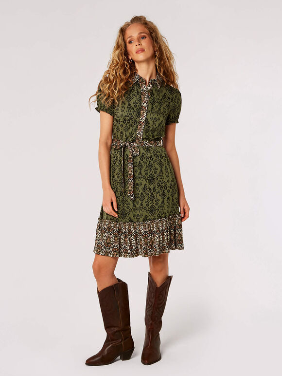 Ikat Tile Shirt Mini Dress, Khaki, large