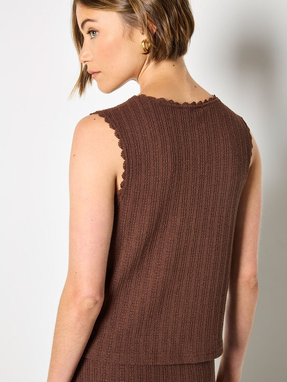 Pointelle Knit Waistcoat, Brown, large