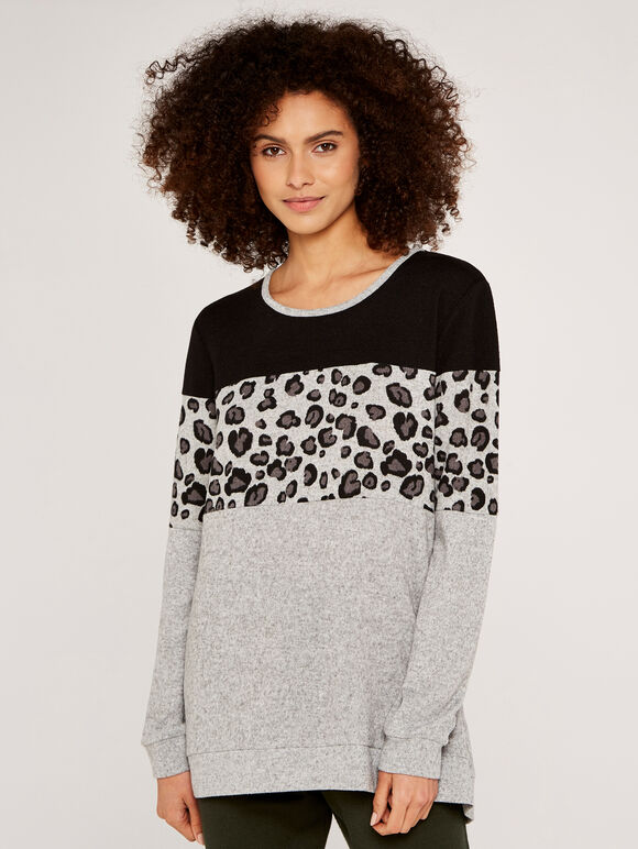 Animal Colourblock Stripe Jumper, Grey, large