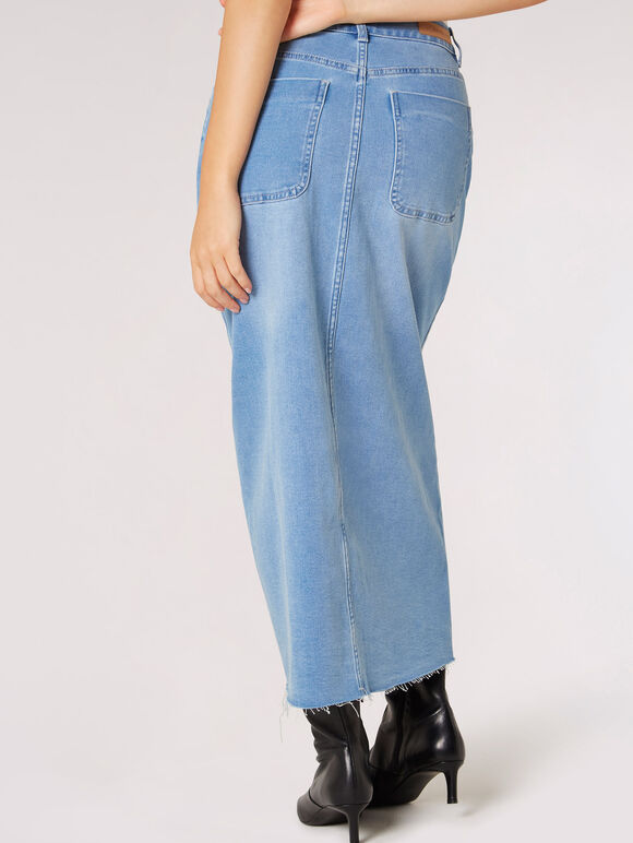 Button Down Denim Midi Skirt, Blue, large