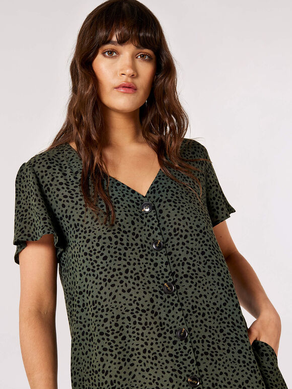 Irregular Spot Print Mini Dress, Khaki, large
