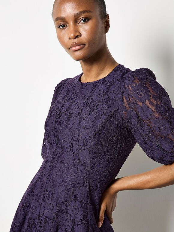 Floral Lace Skater Mini Dress, Purple, large