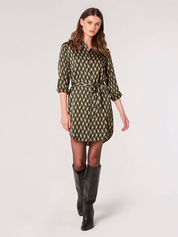 Geometric Wave Shirt Mini Dress, Khaki, large