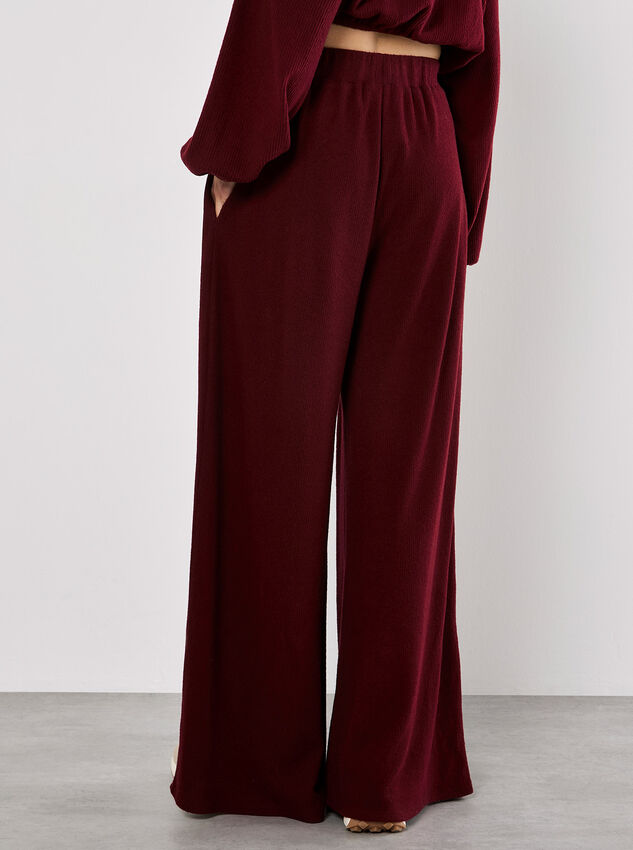 Ribbed Knit Wide Leg Trousers, Burgundy, large