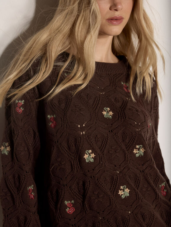 Pointelle Knit Floral Embroidered Jumper, Brown, large