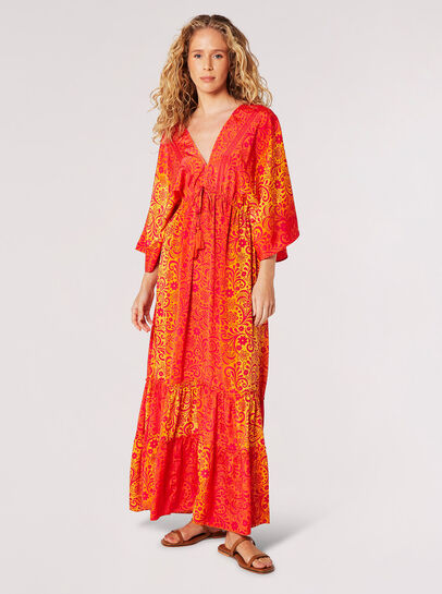 Geblümtes Kimono-Kaftan-Maxikleid aus Satin
