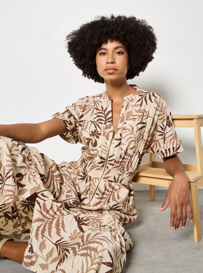 Tropical Leaf Zip-Down Midi Dress