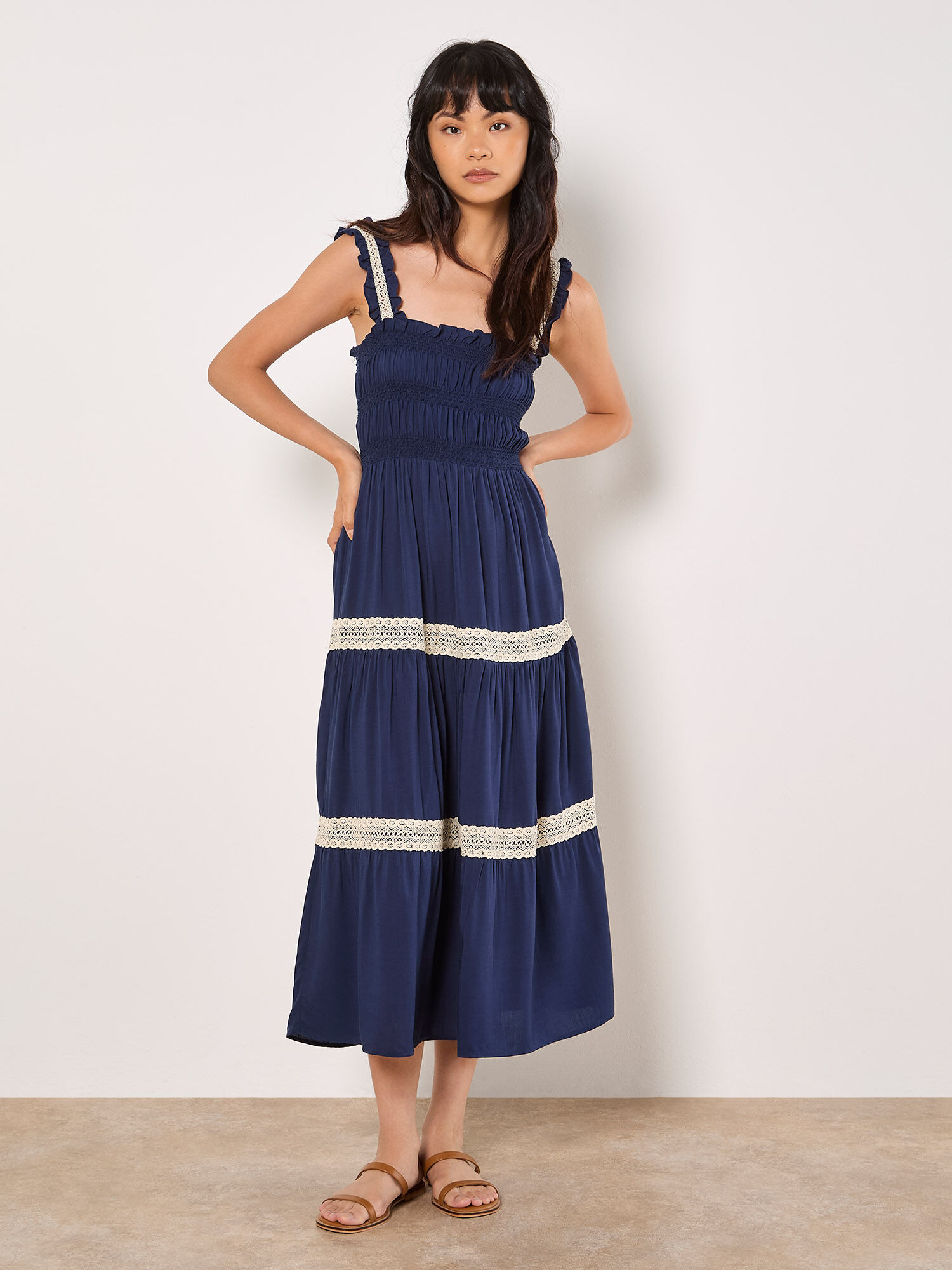 Crochet Lace Tiered Midi Dress | Apricot Clothing