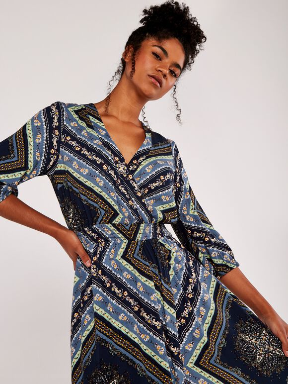 Scarf Print Maxi Dress, Navy, large