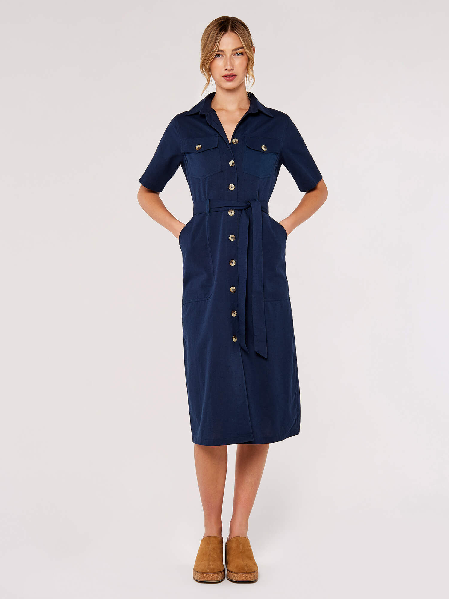 Cotton Linen Blend Midi Shirt Dress Apricot Clothing