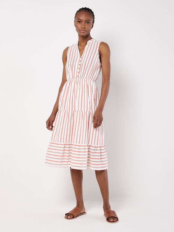 Tiered Stripe Midi Dress, Cream, large