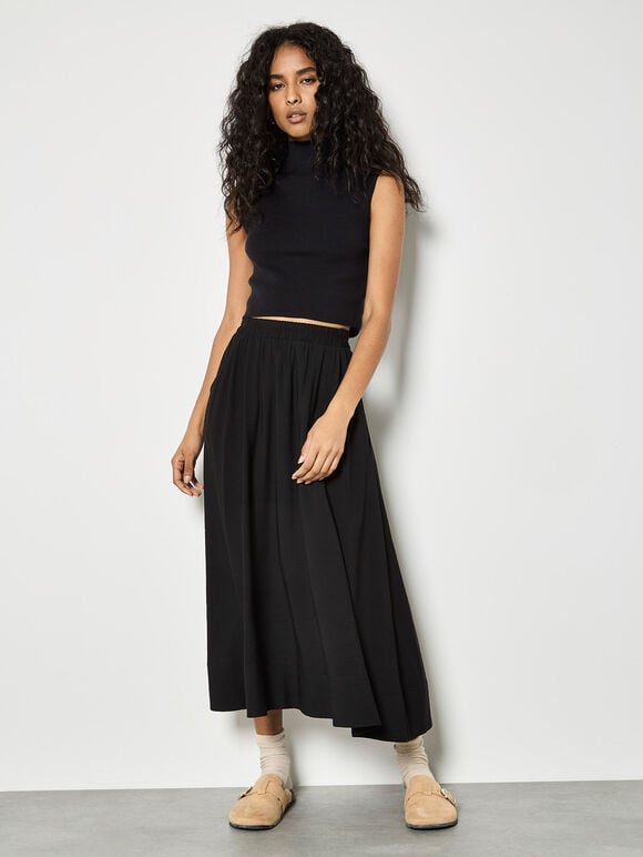 High Neck Knitted Crop Top, Black, large