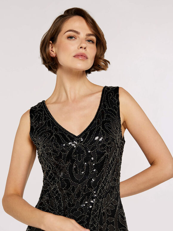 Sequin Bead Tassel Dress, Black, large