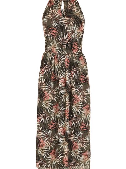 Tropical Palm Tie Neck Dress