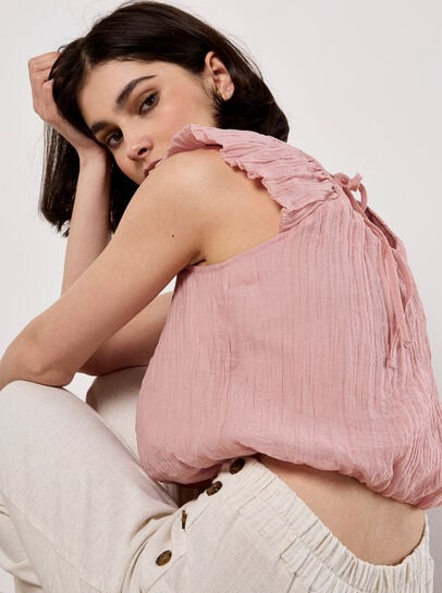 Sheer Crinkle Bubble Hem Crop Top
