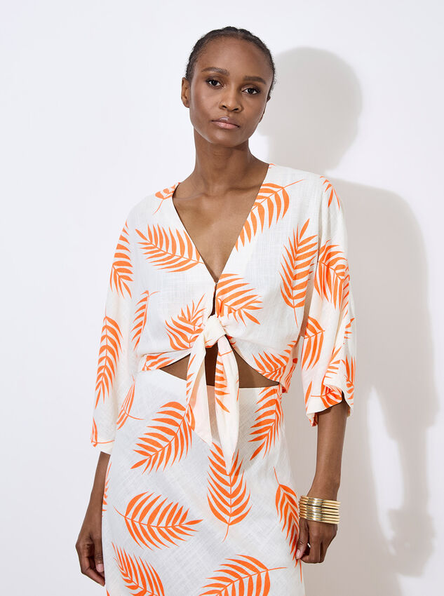 Tropical Leaf Tie Hem Crop Top, Cream, large