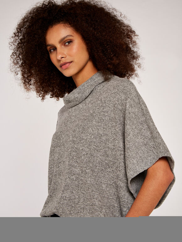 Roll Neck Ribbed Cape, Grey, large