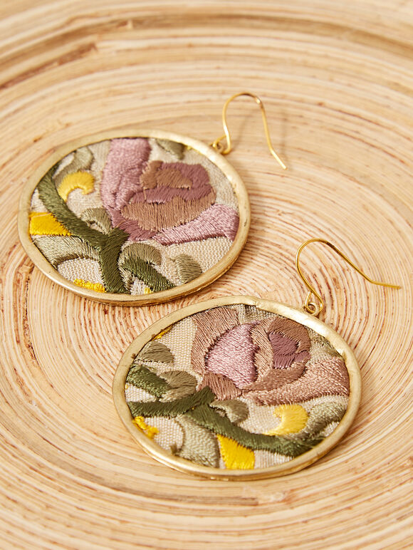 Embroidered Circle Earring, Yellow, large