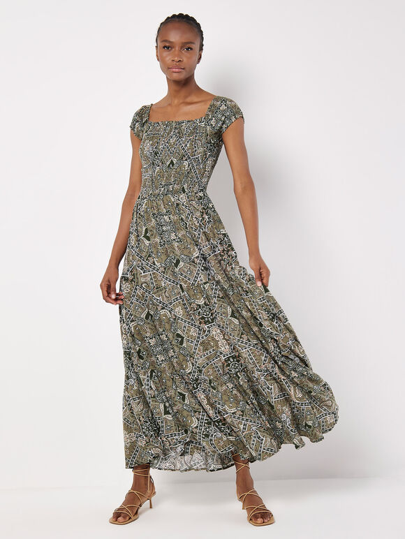 Scarf Print Milkmaid Maxi Dress, Khaki, large