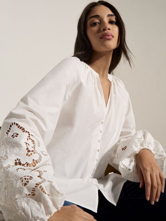 Cotton Cut-Out Blouse, White, large