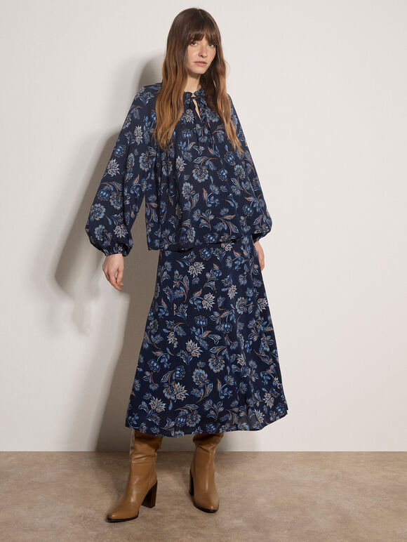 Folk Floral A-Line Midi Skirt, Navy, large