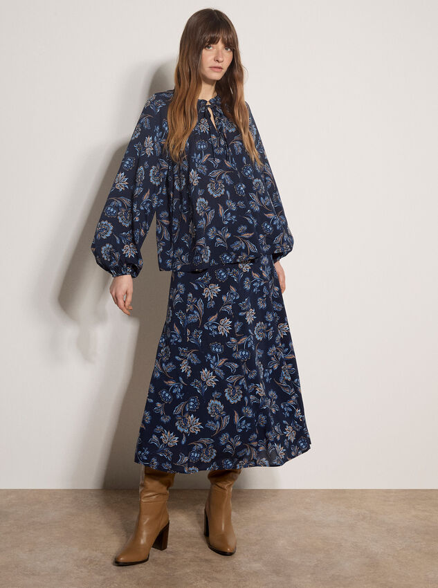 Folk Floral A-Line Midi Skirt, Navy, large