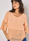 Embroidered Cotton Mesh Blouse, Peach, large