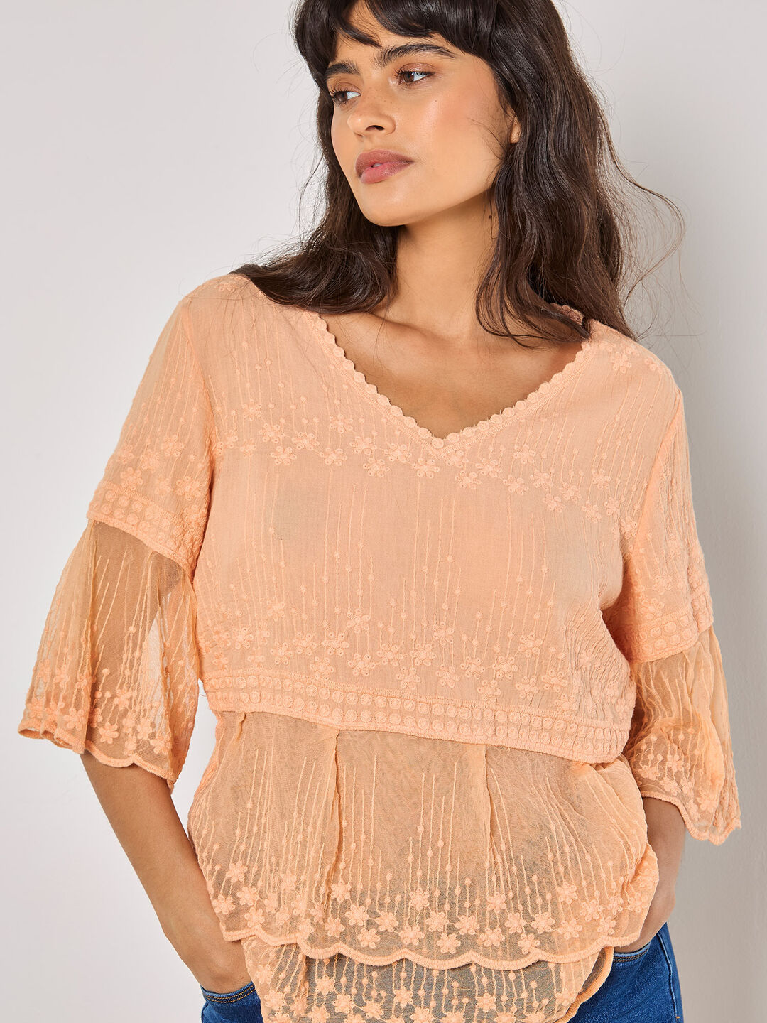 Embroidered Cotton Mesh Blouse
