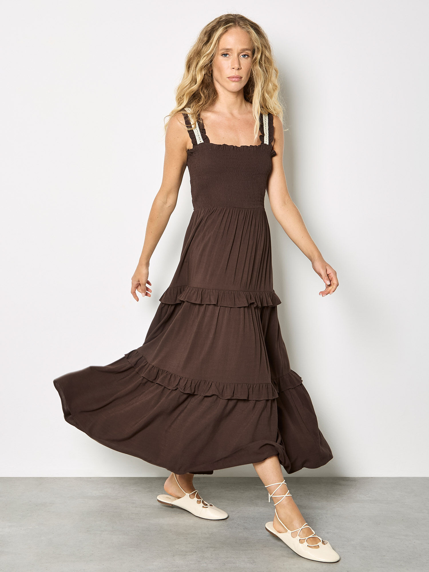 Tiered Lace Trim Midi Dress | Apricot Clothing