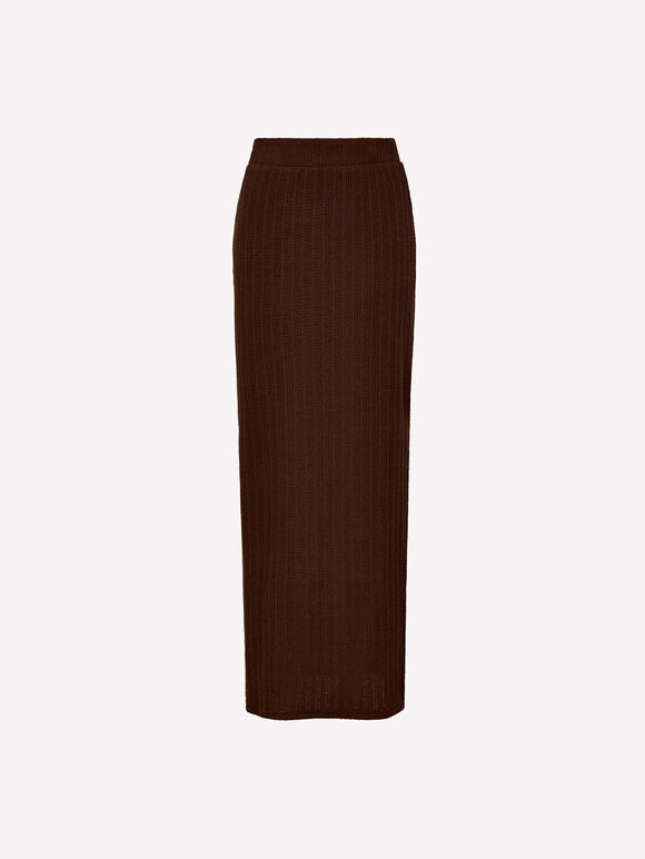 Pointelle Knit Column Maxi Skirt, Brown, large