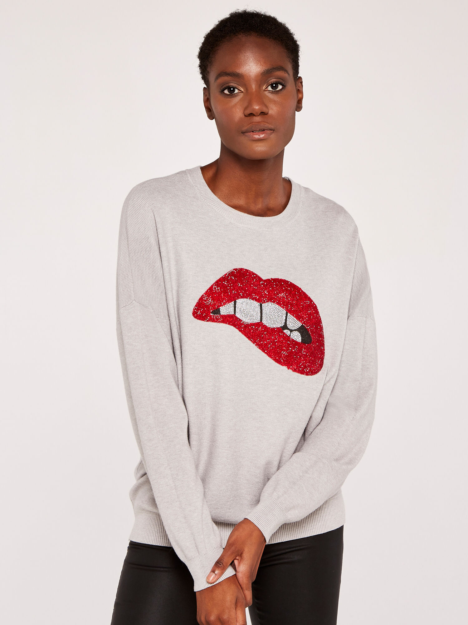 Sequin Lips Batwing Jumper Apricot Clothing