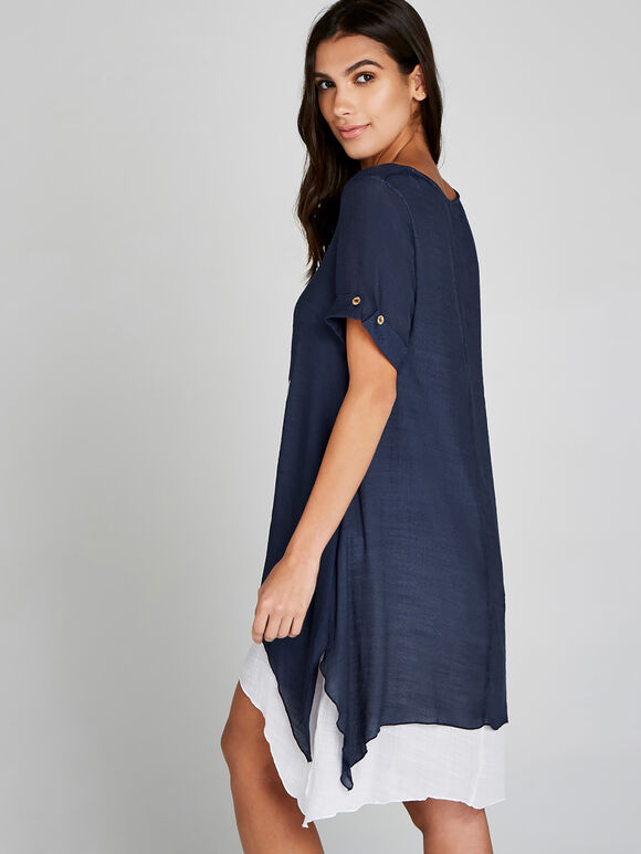 Navy Flower Double Layer Tunic Dress, Navy, large