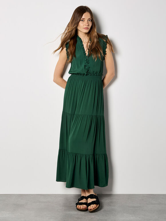 V-Neck Ruffle Tiered Maxi Dress, Green, large