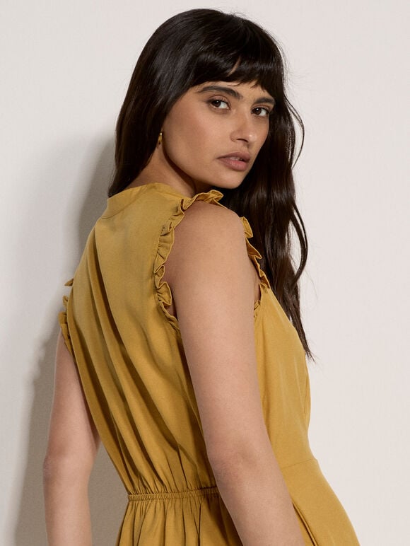 Ruffle Button-Down Mini Dress, Mustard, large