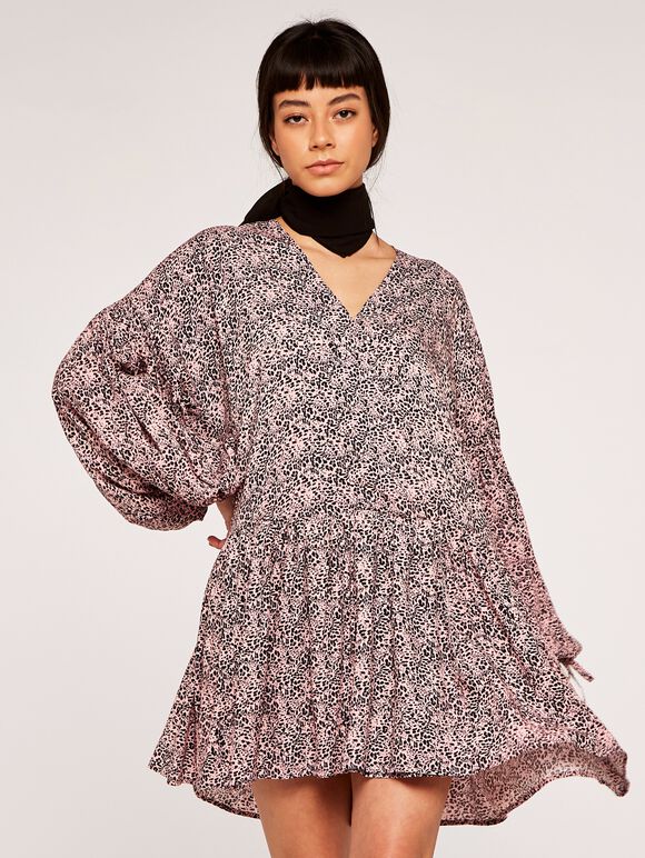 Leopard Drawstring Wrap Dress, Pink, large