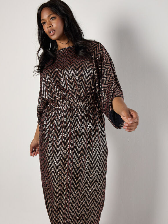 Curve Chevron Mirror Sequin Midi Dress, Brown, large