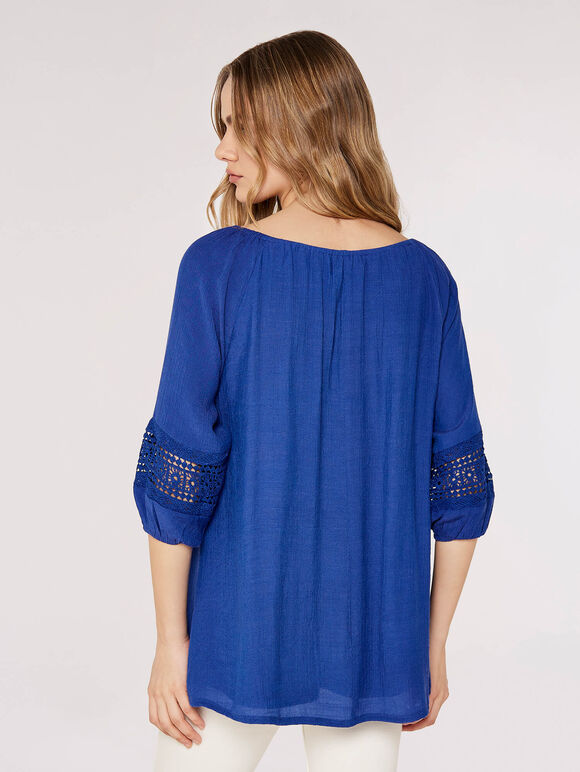 Crochet Detailled Slub Top, Blue, large