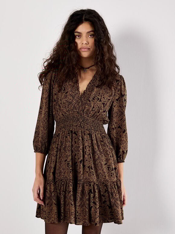Paisley Ruffle Soft Mini Dress, Rust, large