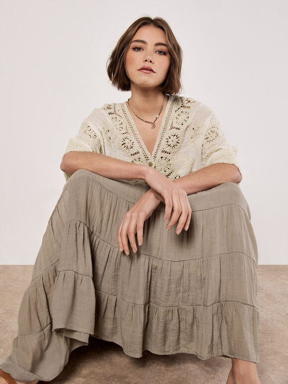 Tiered Maxi Skirt, Stone, large