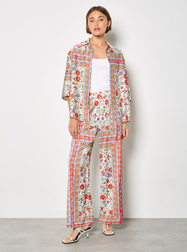 Floral Scarf Print Satin Wide-Leg Trousers, Orange, large