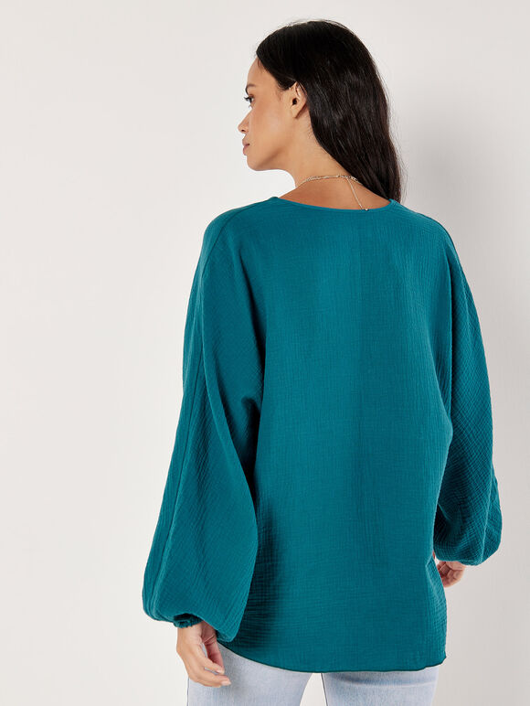 Cotton Oversized Tie Hem Top, Teal, large