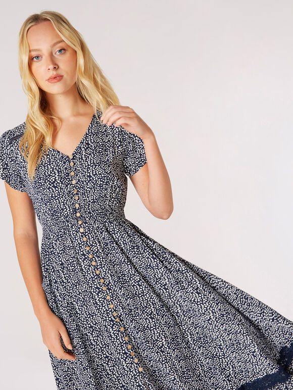 Robe longue au crochet à pois irréguliers, bleu marine, grand