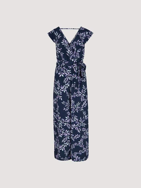 Ruffle Wrap Leaf Palazzo Jumpsuit, Navy, large