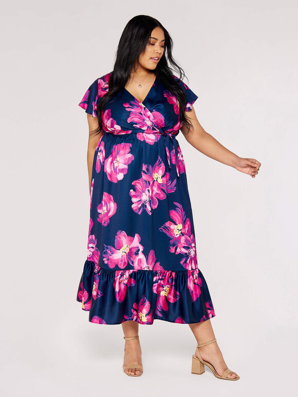 Curve Floral Wrap Midi Dress, Navy, large
