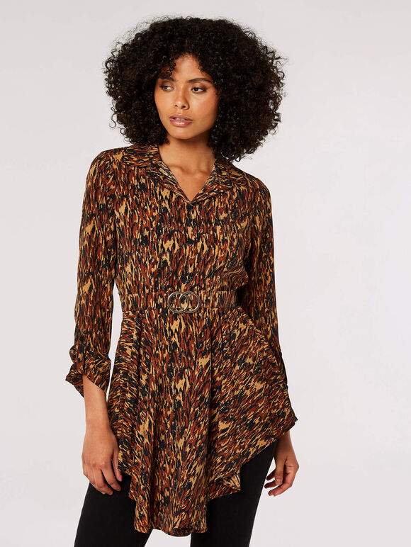 Textured Print Hanky Hem Belted Top, Rust, large