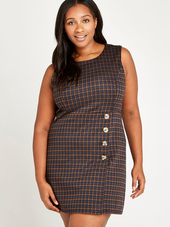Dogtooth Button Wrap Skirt Dress+, Rust, large
