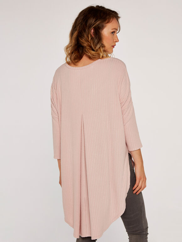 Ribbed Curved Hem Top, Pink, large