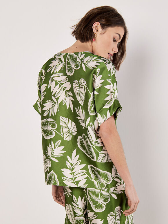 Tropical Leaf Print Satin T-Shirt, Green, large