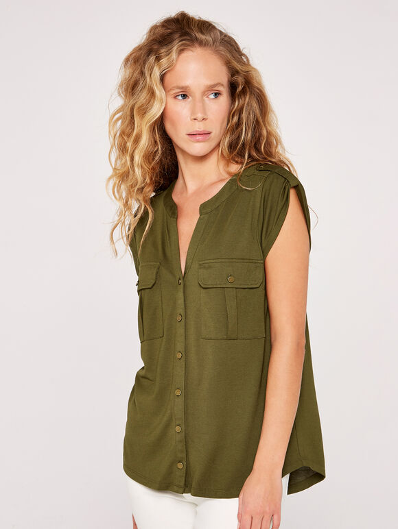 Pocket Vneck Military Top, Green, large