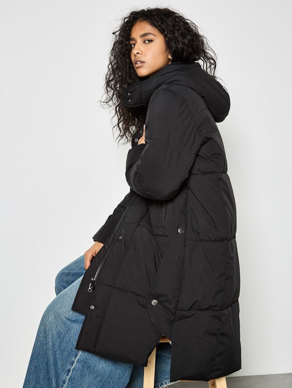 Longline Padded Puffer Coat, Black, large